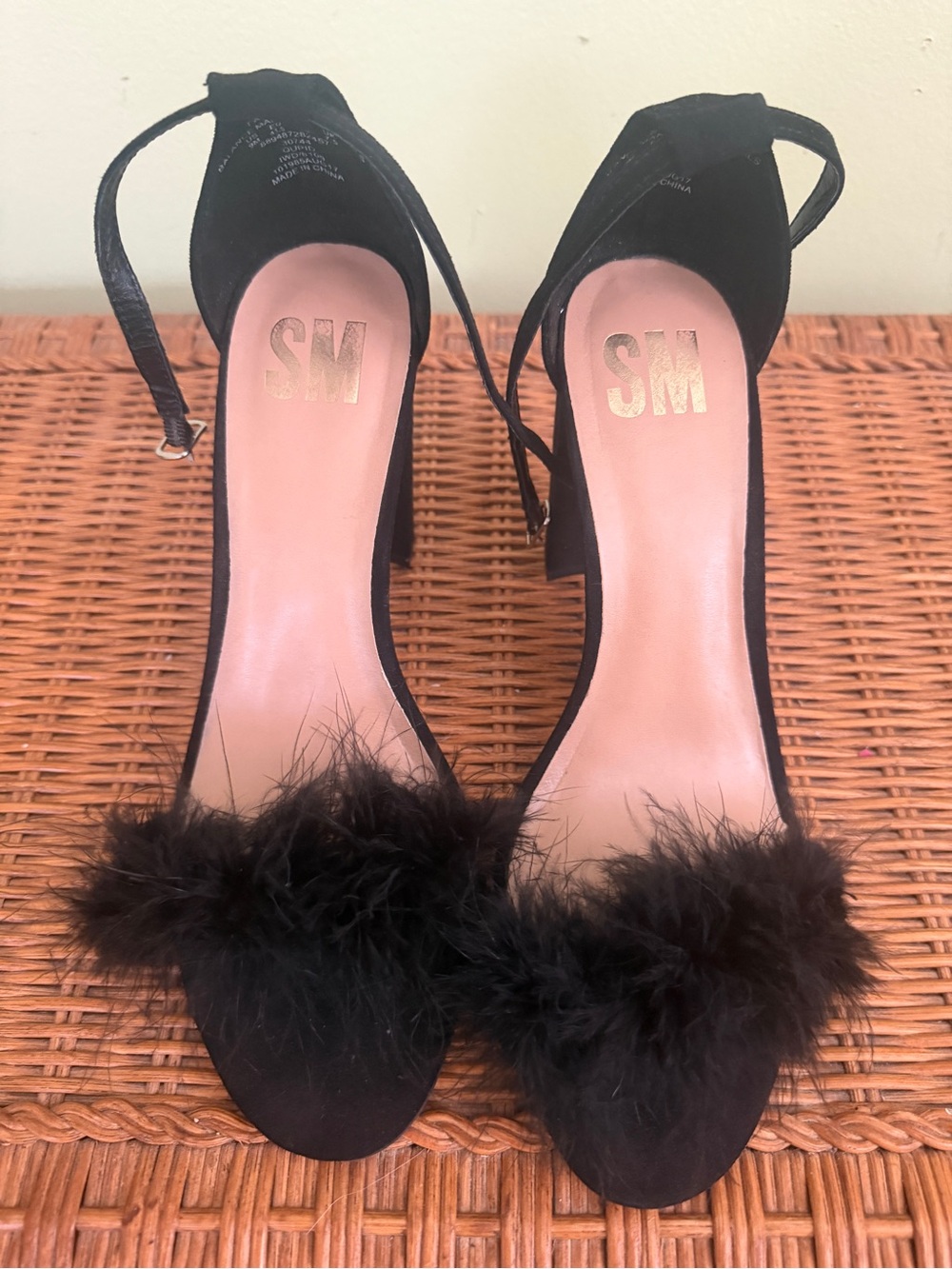Steve Madden Black Feathered Ankle-Strap Heels
